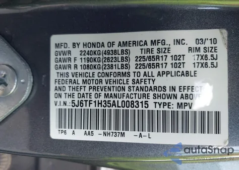 2010 Honda Accord Crosstour Ex z USA, uszkodzony, nr VIN 5J6TF1H35AL008315